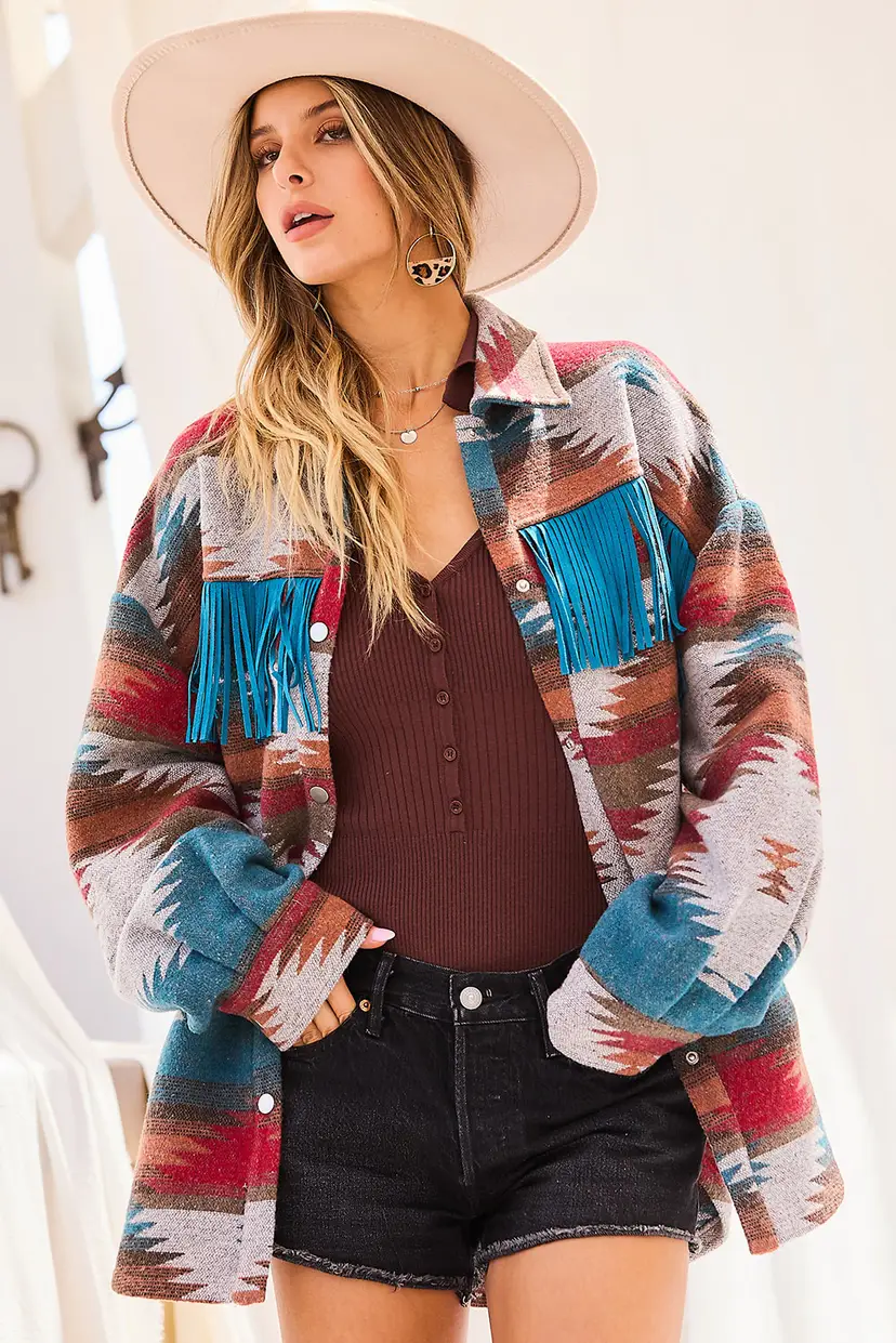 THE SHYSIE WOMENS AZTEC PRINT FRINGED JACKET NWT