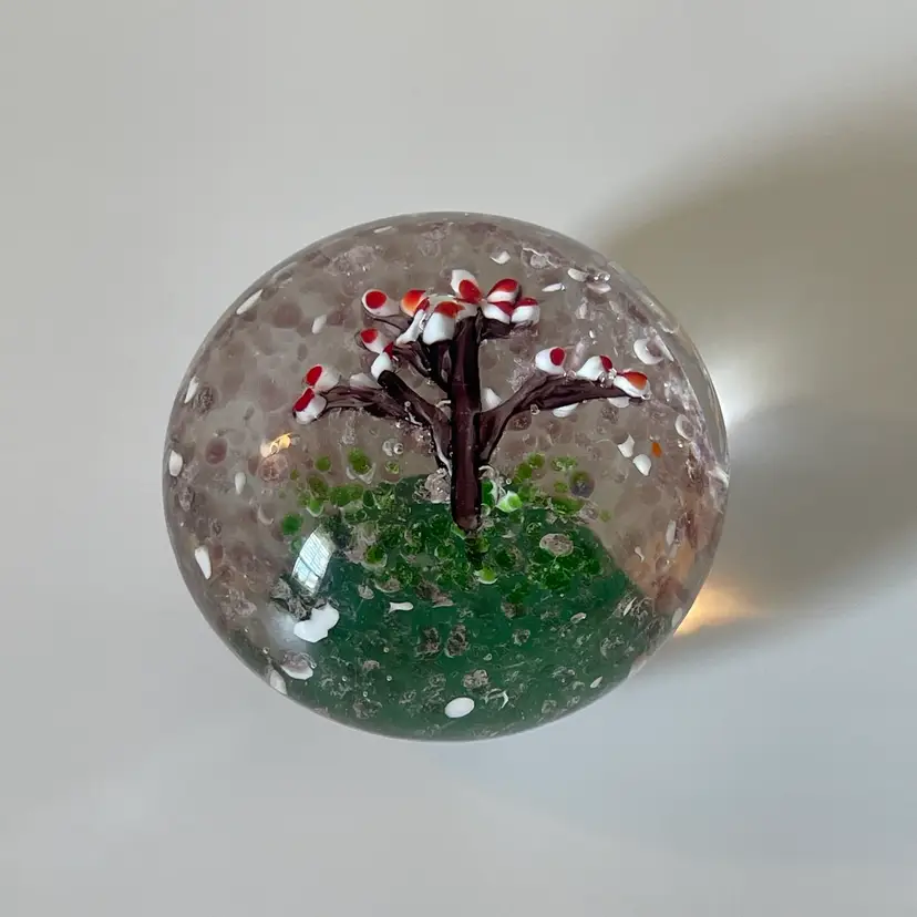 Blown Glass Cherry Blossoms Paperweight Vintage Office Desk Decor