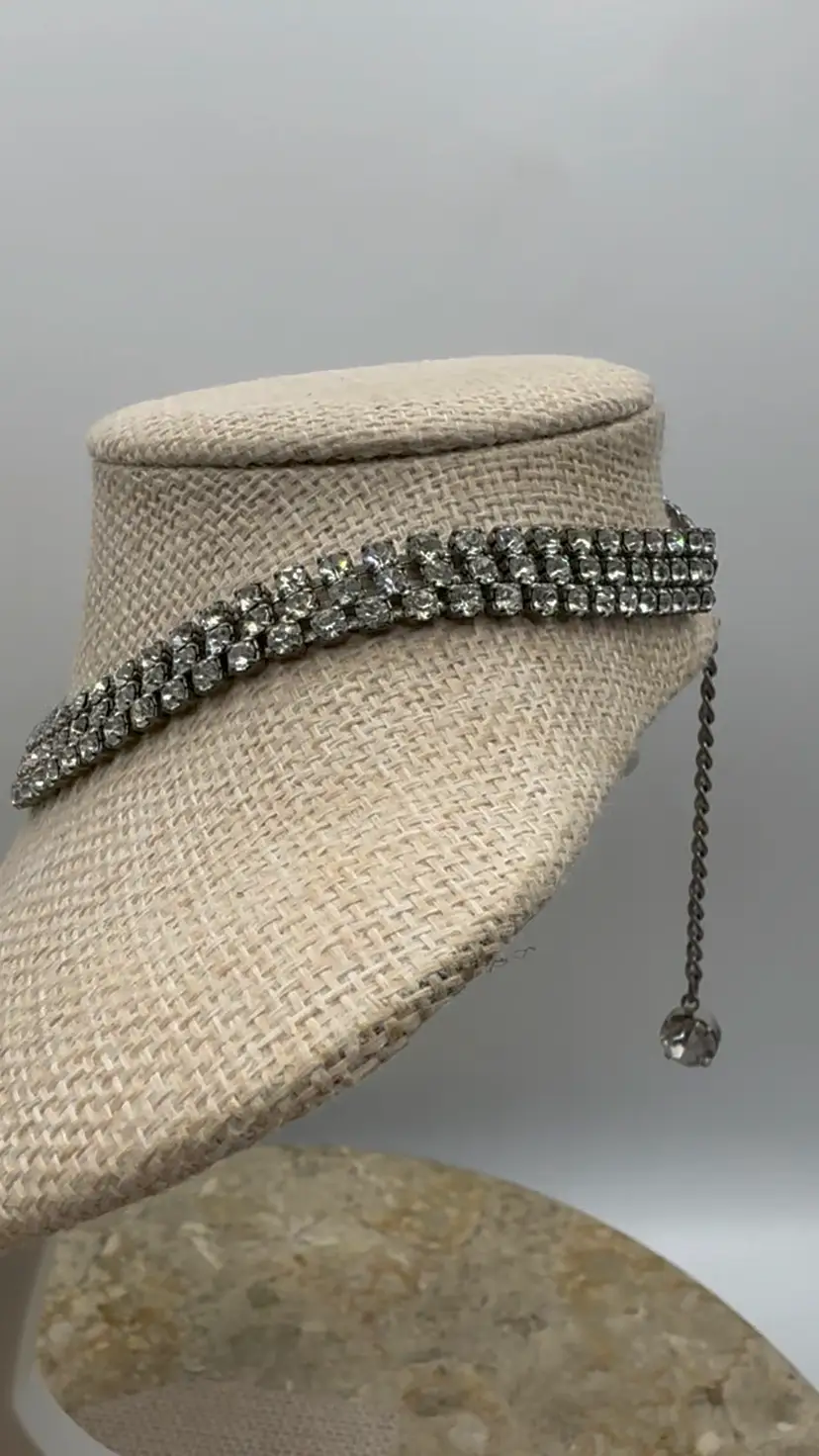 Vintage 1950s Triple Strand Rhinestone Choker Necklace – Silver Tone Mid-Century Art Deco Style