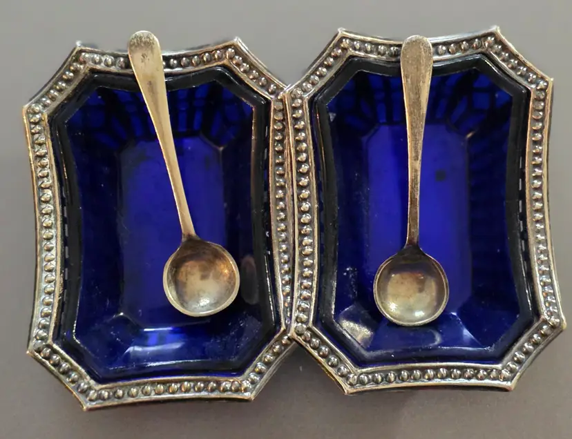 Antique EPNS and Cobalt Blue Open Salt Cellars with Spoons