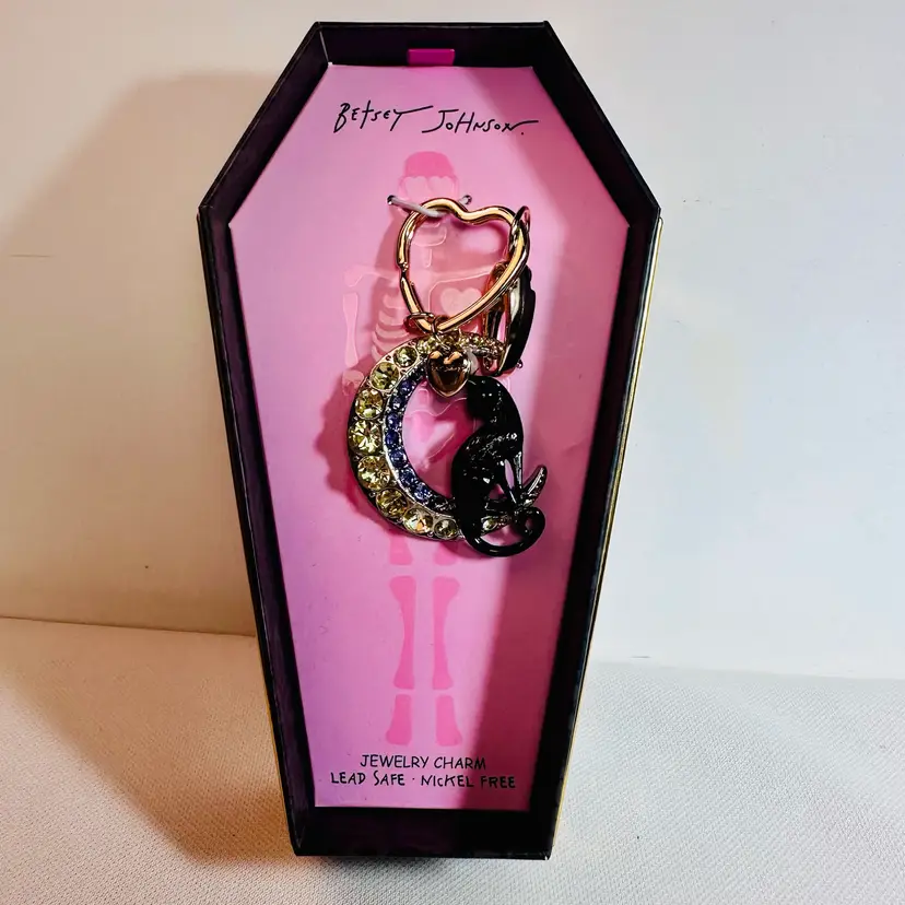 NIB Betsey Johnson Halloween Black Cat Rhinestone Moon Key Chain Bag Charm
