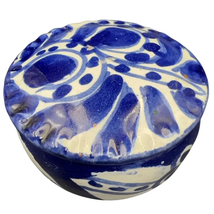 Mexican Potter Lidded Blue Floral Trinket Box.