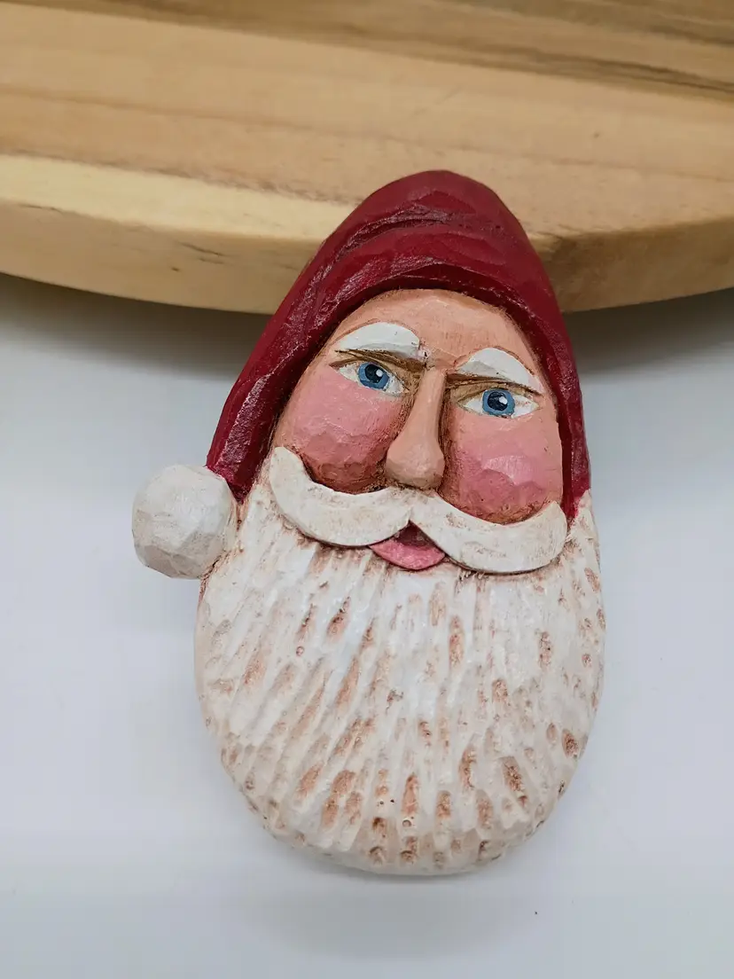 Hand Carved Wooden Folk Art Primitive Santa Head Brooch Pin Signed Vintage.