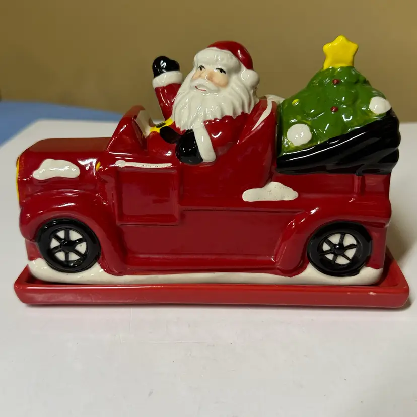 Christmas Butter Dish Santa In Red Truck With Christmas Tree Global Design