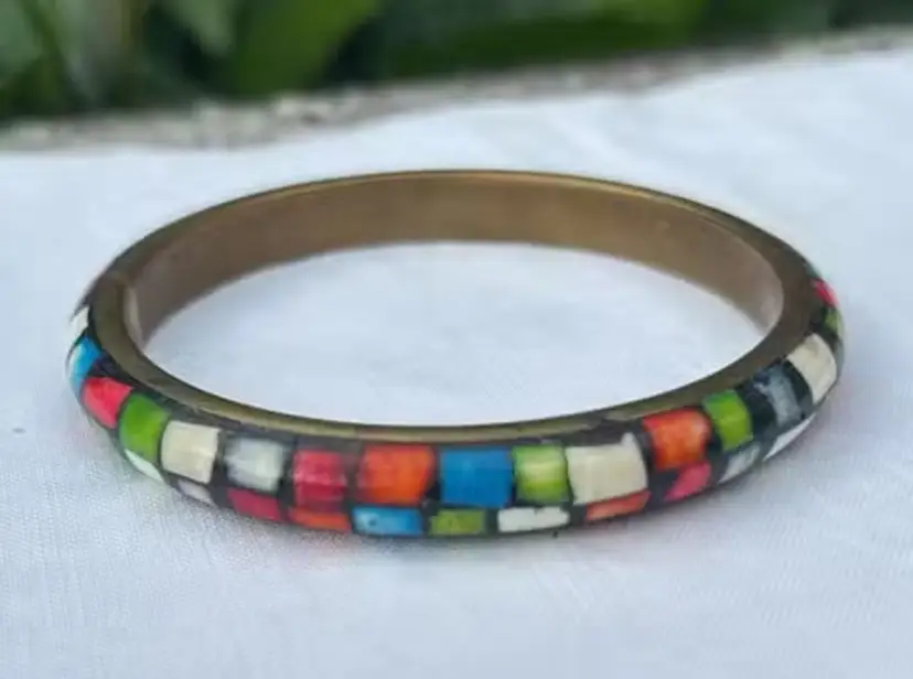 Multicolor Enamel Mosaic Inlay Brass Slip-On Bangle (2.5 in)