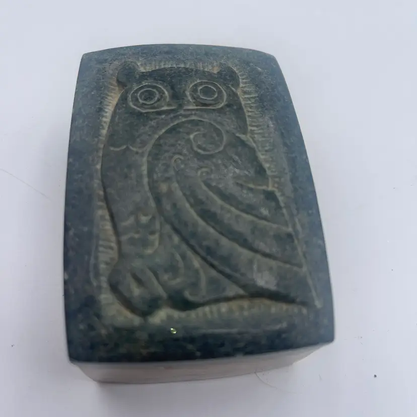 Stone Owl Trinket Box with Lid, Black Carved Owl 3.25” X 2” Rectangle