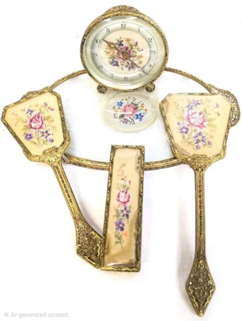 Vintage Filigree Brass & Petit Point Floral Lady Toiletry / Dressing Table Set : 2 Brushes, Mirror, Alarm Clock Made in England, Footed Glass Tray With Lace & Handles 14.25" × 8.5"