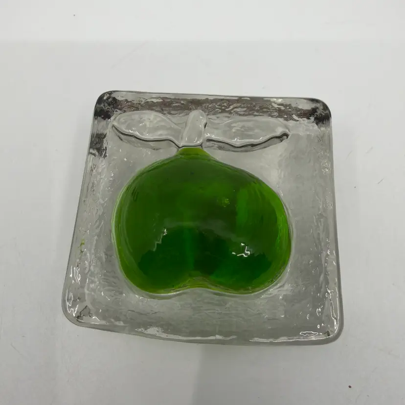 Vintage Clear Glass Chunky Paperweight W Raised Green Apple 3”