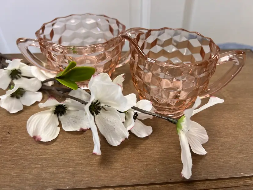 Vintage Pink Diamond Cut Glass Creamer and Sugar Set