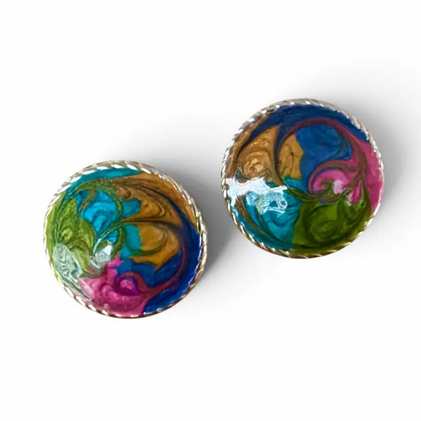 Vintage Gold Tone Vibrant Enamel Swirl Earrings