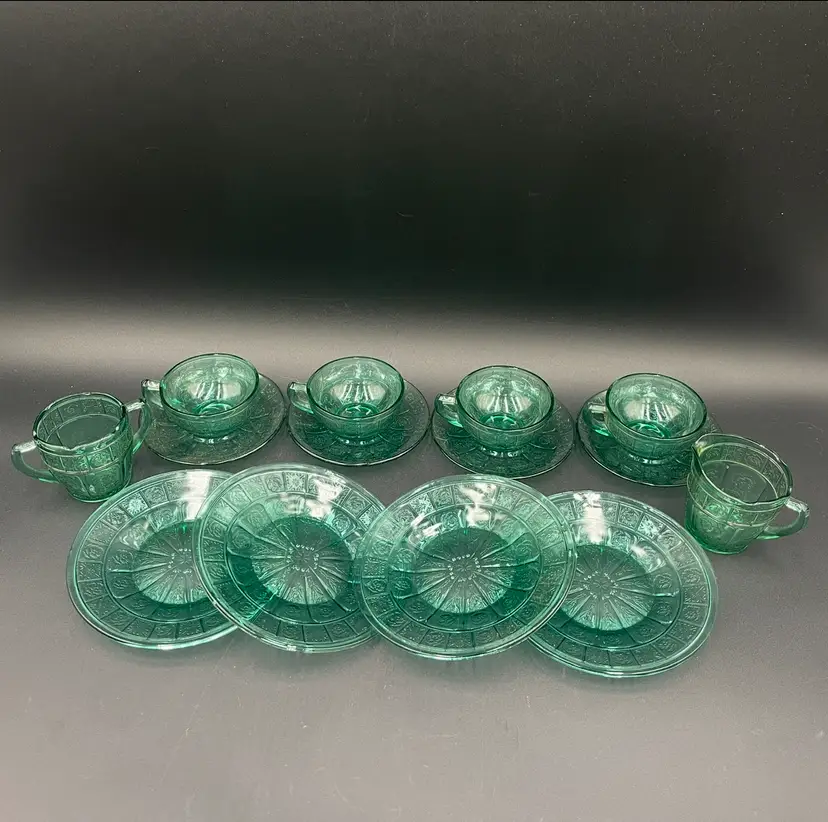 Vintage Jeanette Glass 14 piece Dinner Set Doric and Pansy Child Junior Set in Teal Green