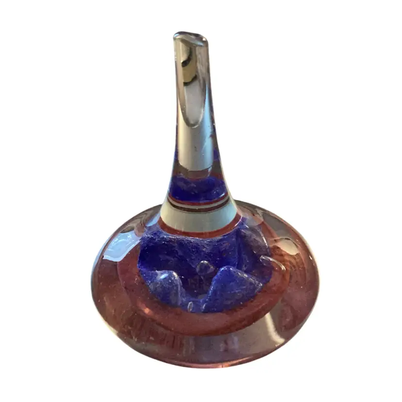 Vintage Handblown Art Glass Paperweight And Ring Holder Featuring A Blue Bubbles Core Encased In Red And Clear Glass 4 Inches