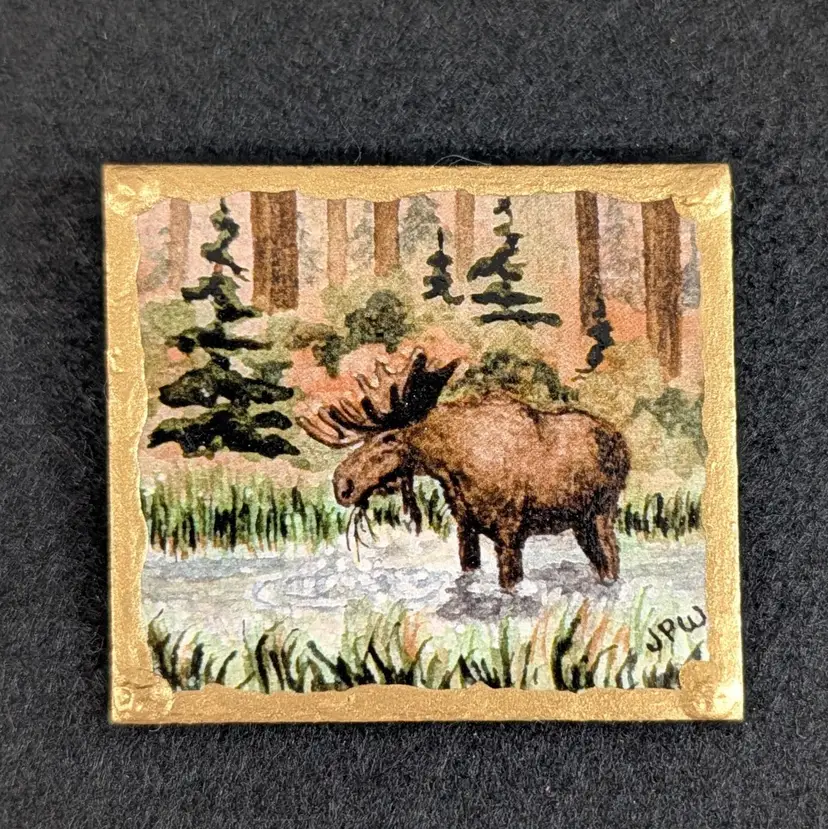 Vintage J. Perkins-White Moose Brooch Pin Mini Wearable Nature Painting Wildlife