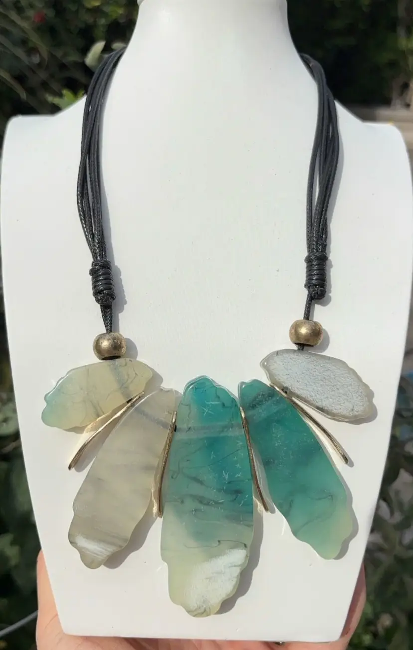 Vintage Teal & Grey Faux Agate Resin Slab Bib Necklace, adjustable Cord Collar