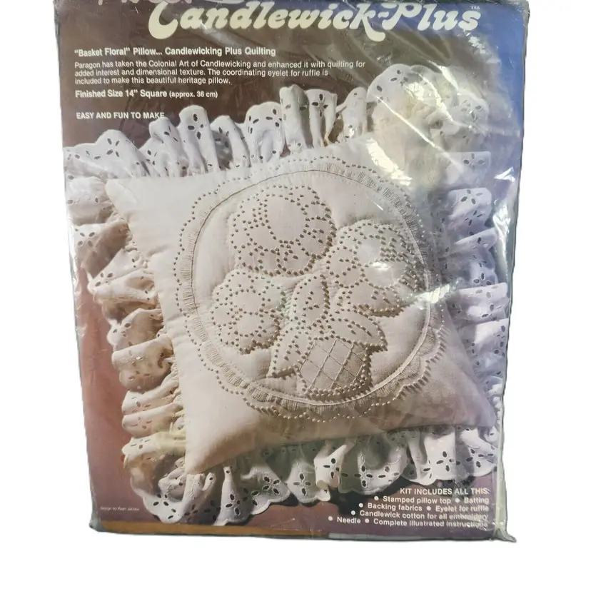 Vintage Candlewick 14" Pillow Kit Flowers Paragon Sewing Embroidery Country Cottage Cottagecore