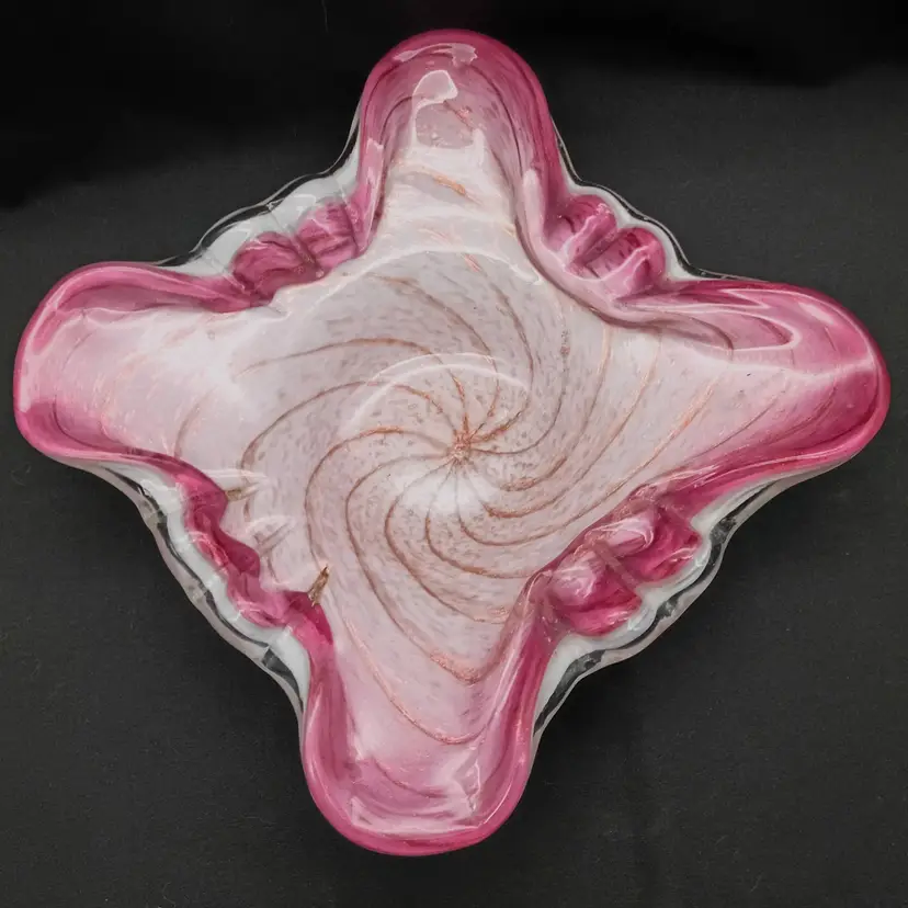Murano Aventurine Art Glass Bowl ~ Cased White & Pink Ashtray ~ Italy