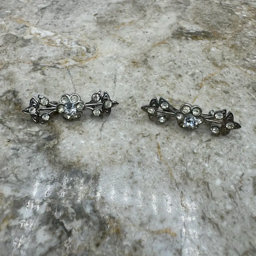 Vintage Art Deco Rhinestone Lingerie Pins Pair Floral Bar Brooch Set c. 1930s