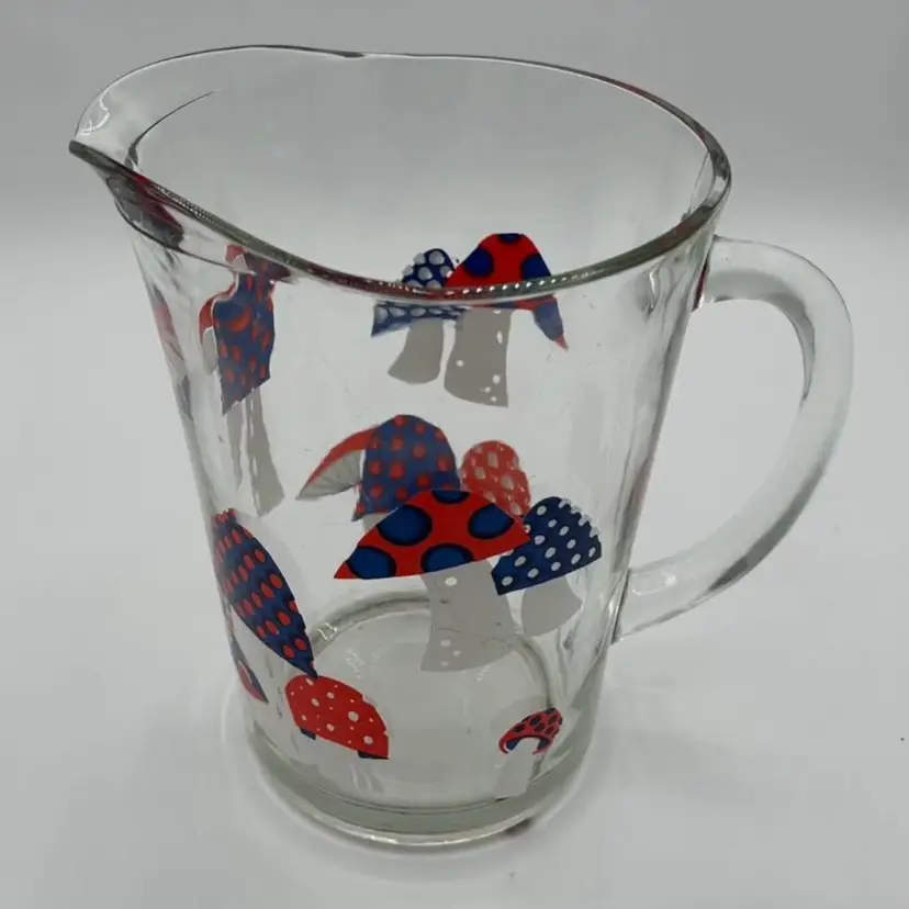 Vintage Mushroom Pitcher Retro 70s Glass 8"  Heavy Red White Blue Americana