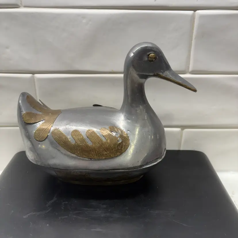 Vintage Pewter And Brass Duck Trinket Box