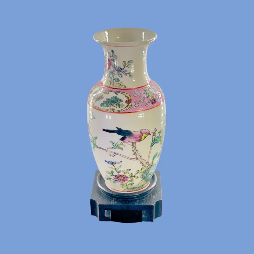#250- Porcelain Vase On Wood Stand 6” Famille Rose Style Birds Dragonfly Insects Pink Yellow Green Hand Painted Toyo