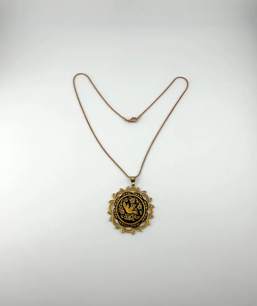 Gold Tone Damascene Bird Pendant on 19” Gold Tone Chain