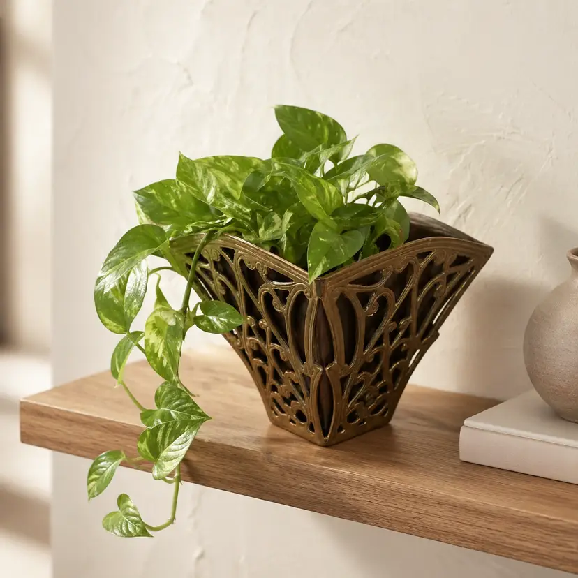 Brass Filigree Planter or Container w/ Copper Insert, 5.5" Tall