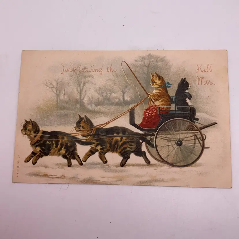 POW4 VTG Cat Kitten Carriage Postcard "Leaving"