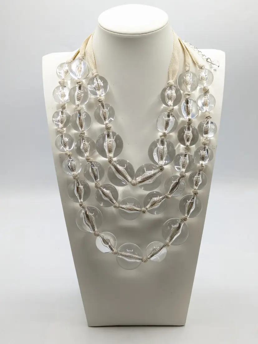 Triple Strand Clear Bubble Bead Runway Necklace Signed NWOT