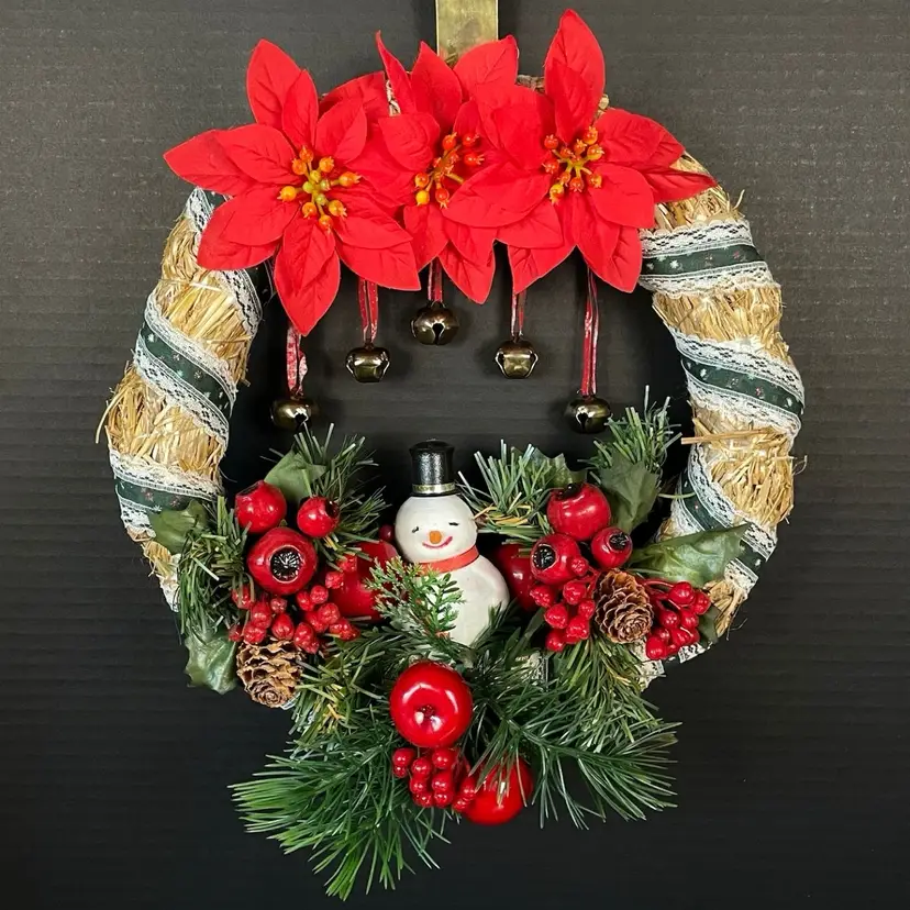 🌊🎄☀️ Flocked Frosty The Snowman Retro Ornament Handmade Straw Christmas Wreath Poinsettia Vintage 12”