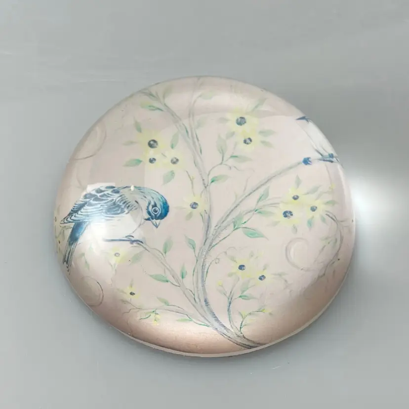 Bluebird Birds on Floral Branches Half Dome Glass Paperweight Vintage 3"