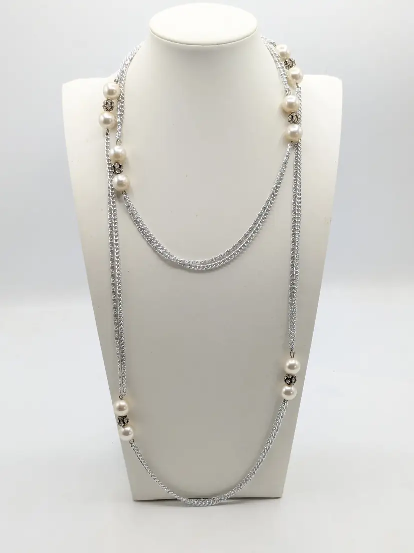 Silver Tone Double Strand Necklace with Faux Pearls and Rhinestones