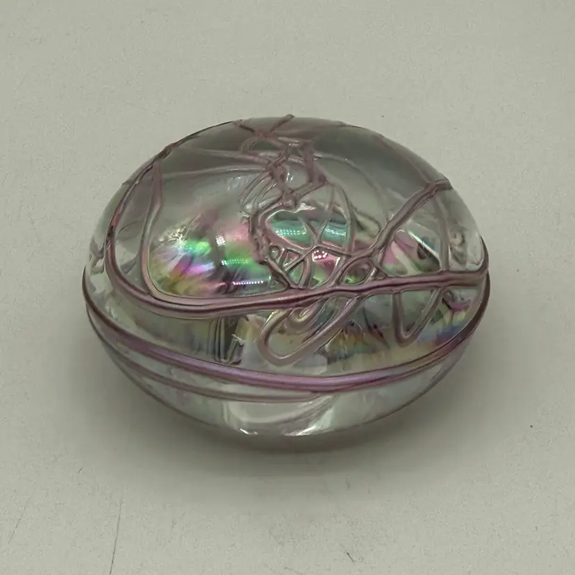 Anton Intaglio Levy Art Glass Iridescent Paperweight With Pink Threaded Or Spiderweb Design