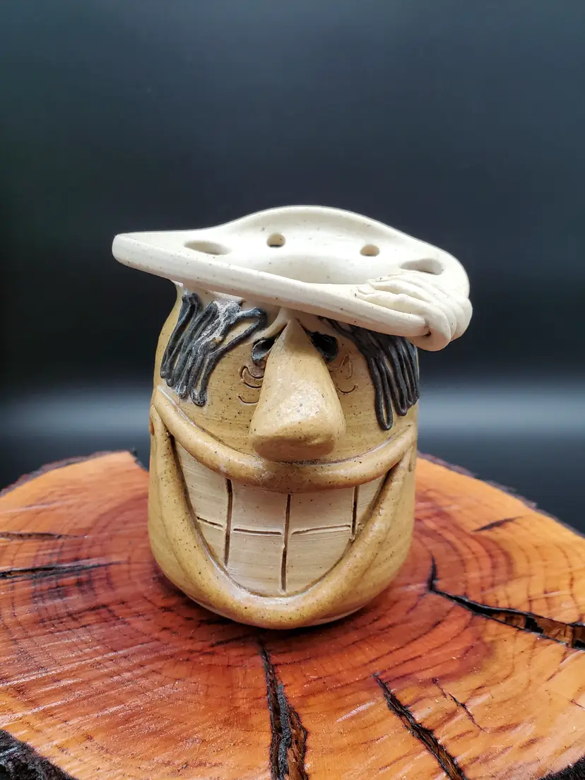 Kenyon Studio 3D Smiling Funny Face Stoneware Pottery Toothbrush Holder Signed