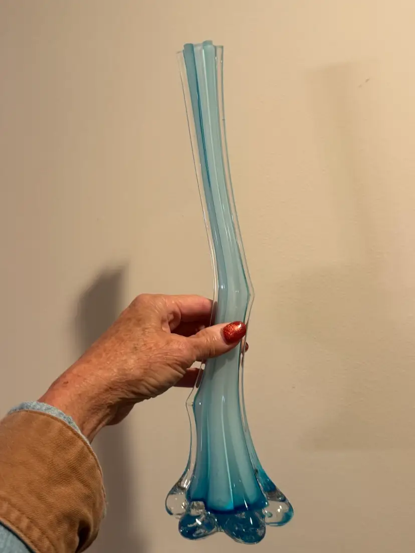 Hand blown art glass soliflore bud vase; light blue and clear pulled-glass design with a four-sided twisted body and a multi-footed or flared base; 13” As Is