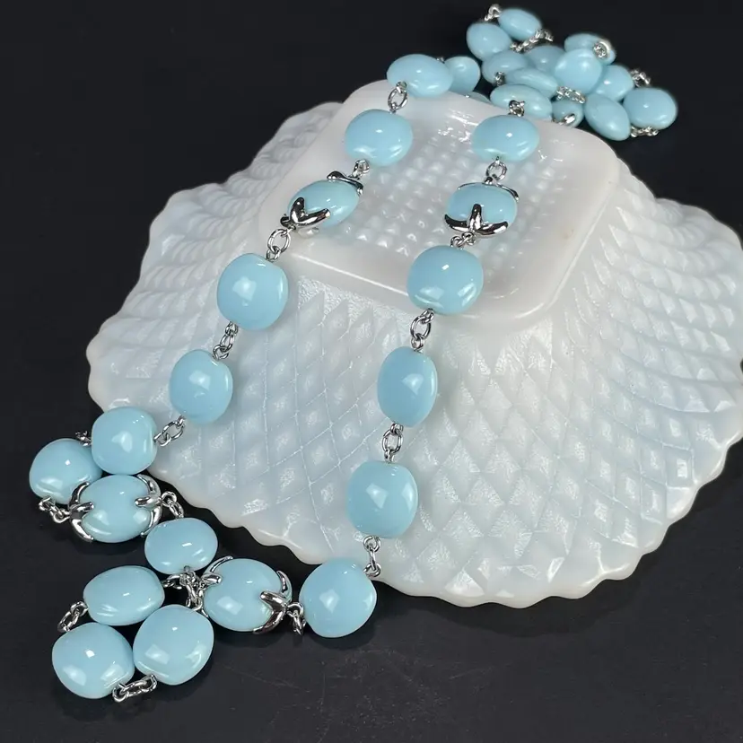 Trifari Key Logo Light Blue Plastic Silver Tone Necklace 1950s Modernist Vintage 36.75"