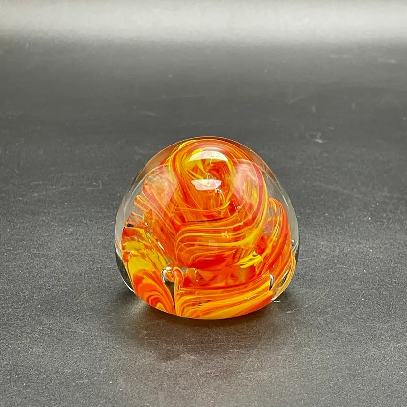 Blown Glass Orange & Yellow Swirl Domed Paperweight Small Office Art Decor