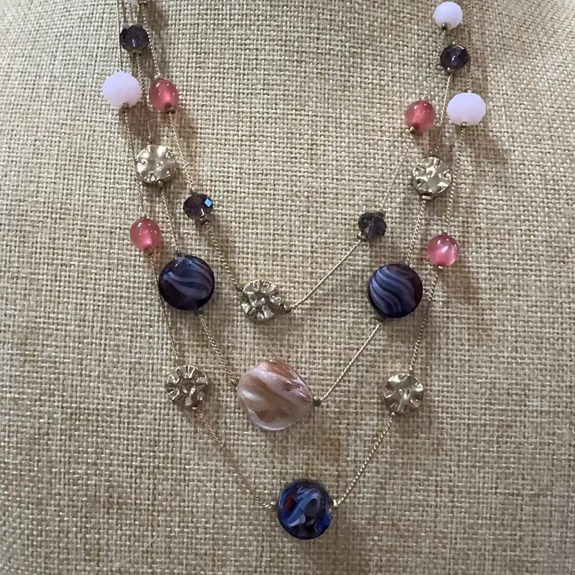 Three Strand Pink And Purple Necklace