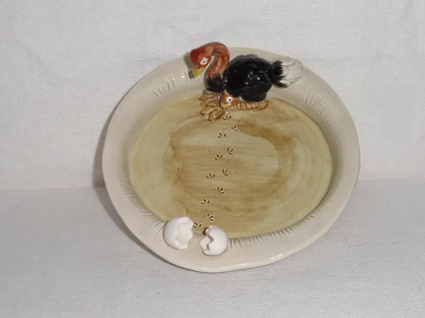 Vintage Majolica Plate ~ Unique Ostrich w/Baby Hatched From Egg ~Birds & Egg