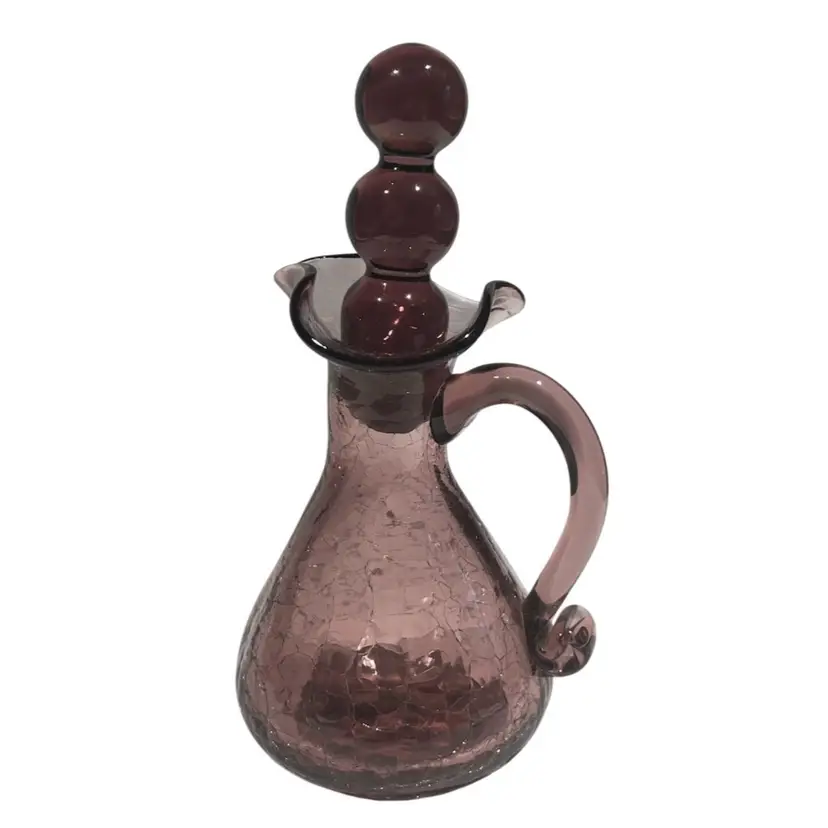Rainbow Glass-Hand Blown-6" Amethyst Crackle Glass- Cruet – with Triple Ball Stopper-Applied Handle