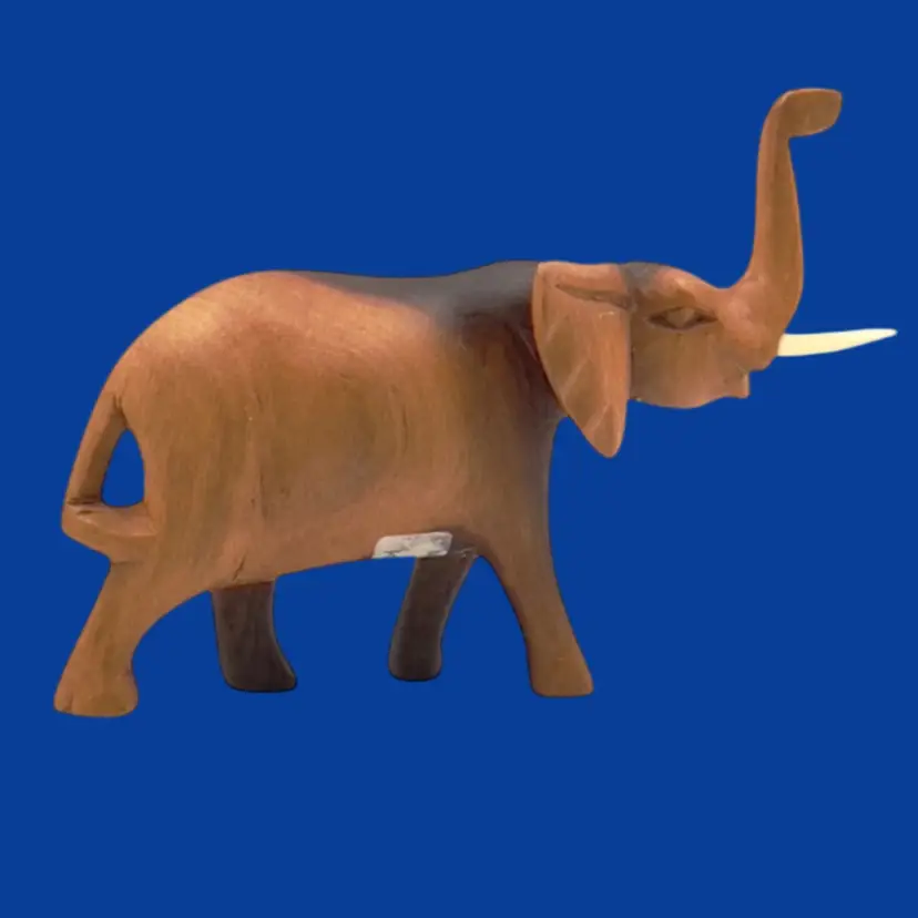 #177- Elephant Figurine Hand Carved Wood Kenya Tusks Trunk Up