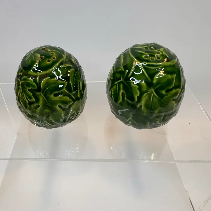 Vintage Green Majolica Leaf Shakers