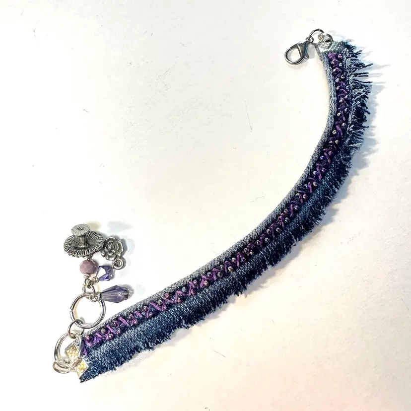 Glass Beaded Denim Bracelet Made By Me Silver Tone 8” L Adjustable