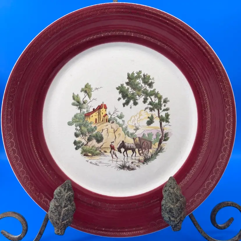 Antique Sebring Pottery Co. Burgundy / Chateau France 10” Plate