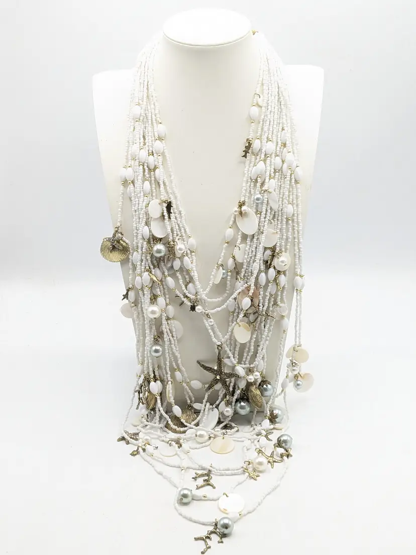 Sequin Layered White Beaded Gold Tone Necklace with Ocean Charms NWOT