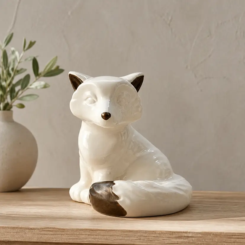 White Ceramic Fox Tea Light Holder w/ Gold Ears & Tail Tip, 5" Tall