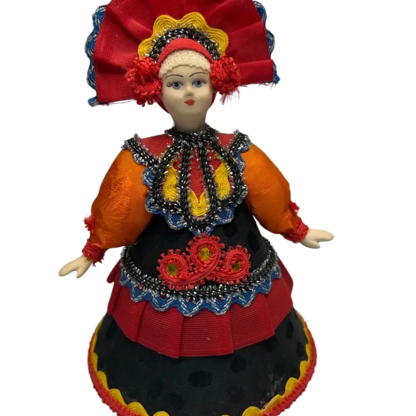 Decorative Handcrafted Russian Porcelain Faced Doll Wearing Traditional Folk Costume 6 1/2” Tall