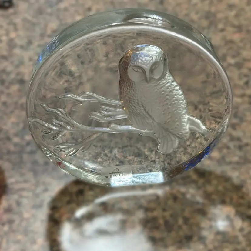 Vintage Viking Glass Hand Made Paperweight Owl w Original Sticker 5.5"