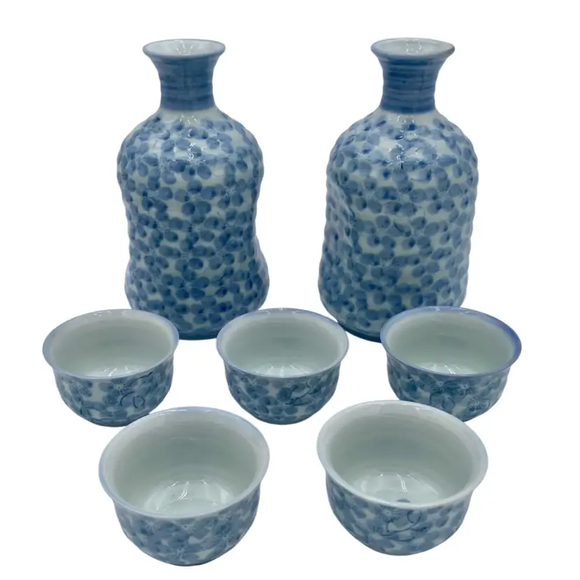 Gaho Kiln (Japan) Arita Ware Saki Set: 2 Large Bottles/5 Cups, Plum Blossom