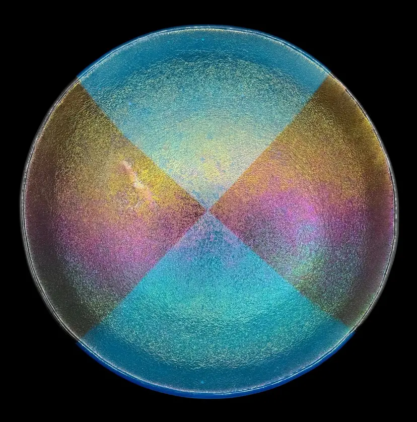 Fused Studio Art Glass Plate Bowl Blue Brown Iridescent Round Dichroic 10.75”