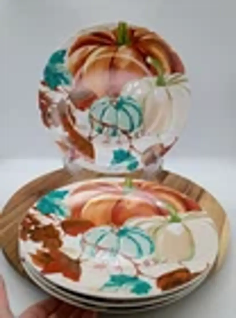 Royal Norfolk 10.5" Autumn Fall Pumpkin Dinner Plates Teal Brown White Set of 4.